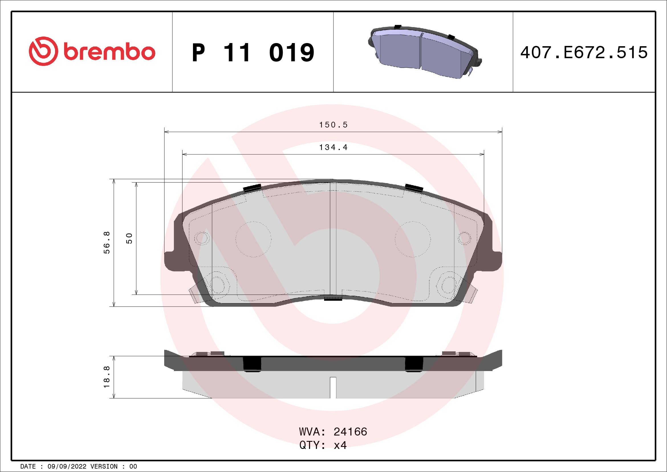 A.B.S. P 11 019 BREMBO Bremsbelagsatz, Scheibenbremse